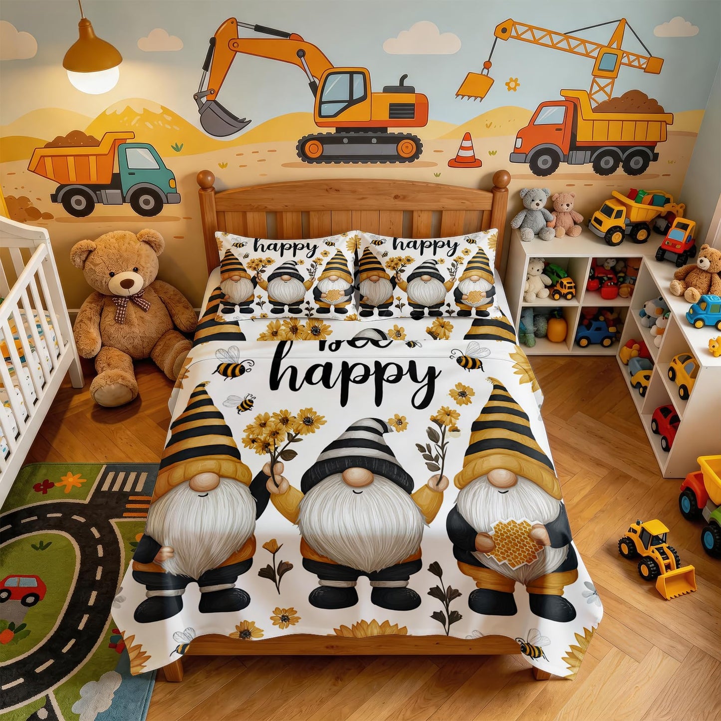 Gnome Bee Sheet Set, 3 Pcs Twin Size Kids Happy Bed Sheets, Yellow