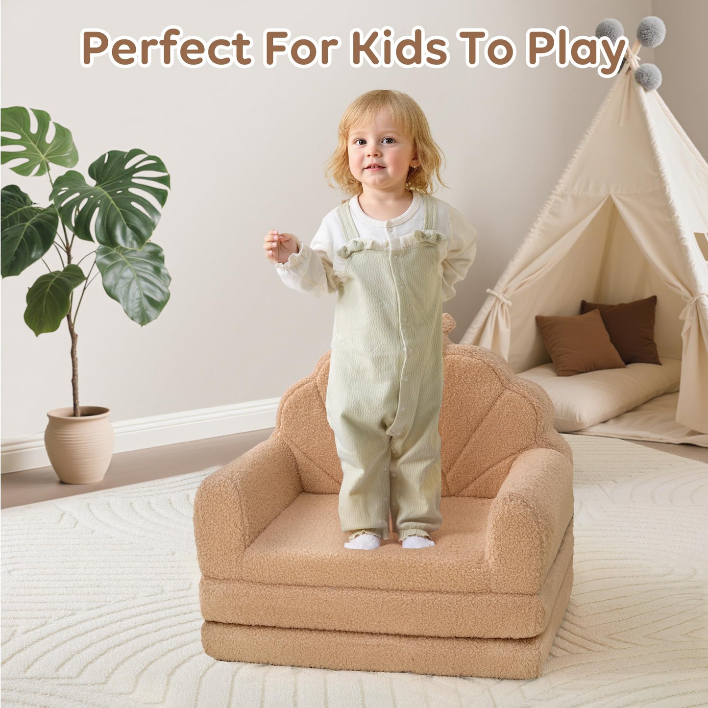 Airpanda Cozy Kids Couch and Chair, Fold Out Foam Sofa, Khaki