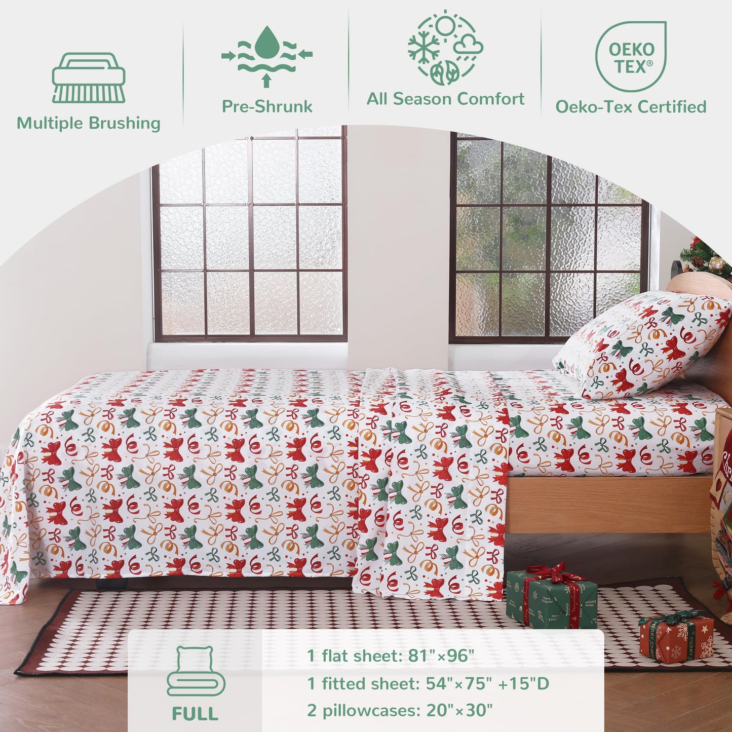 Softan Kids Bed Sheet Set, Boys/Girls Full Size Sheets, Microfiber Kids Fitted Sheet and Pillowcase, Breathable and Silky Soft, 4 Piece Christmas Bowknot Printed Full Bed Sheet