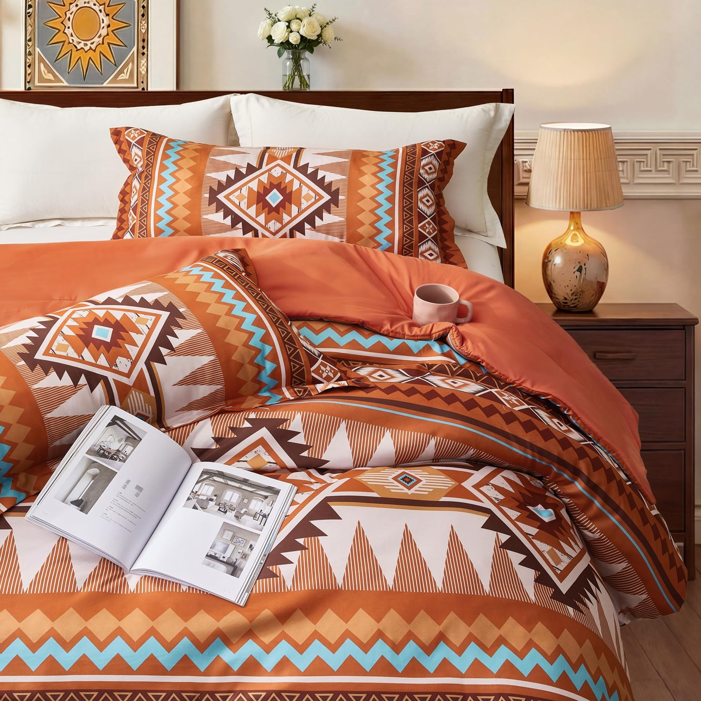Tyrot Burnt Orange King Size Comforter Set – 3 Piece Boho Aztec Western Bedding Sets, Soft Lightweight Comforter for All Seasons, Southwestern Style, 1 Comforter & 2 Pillow Shams