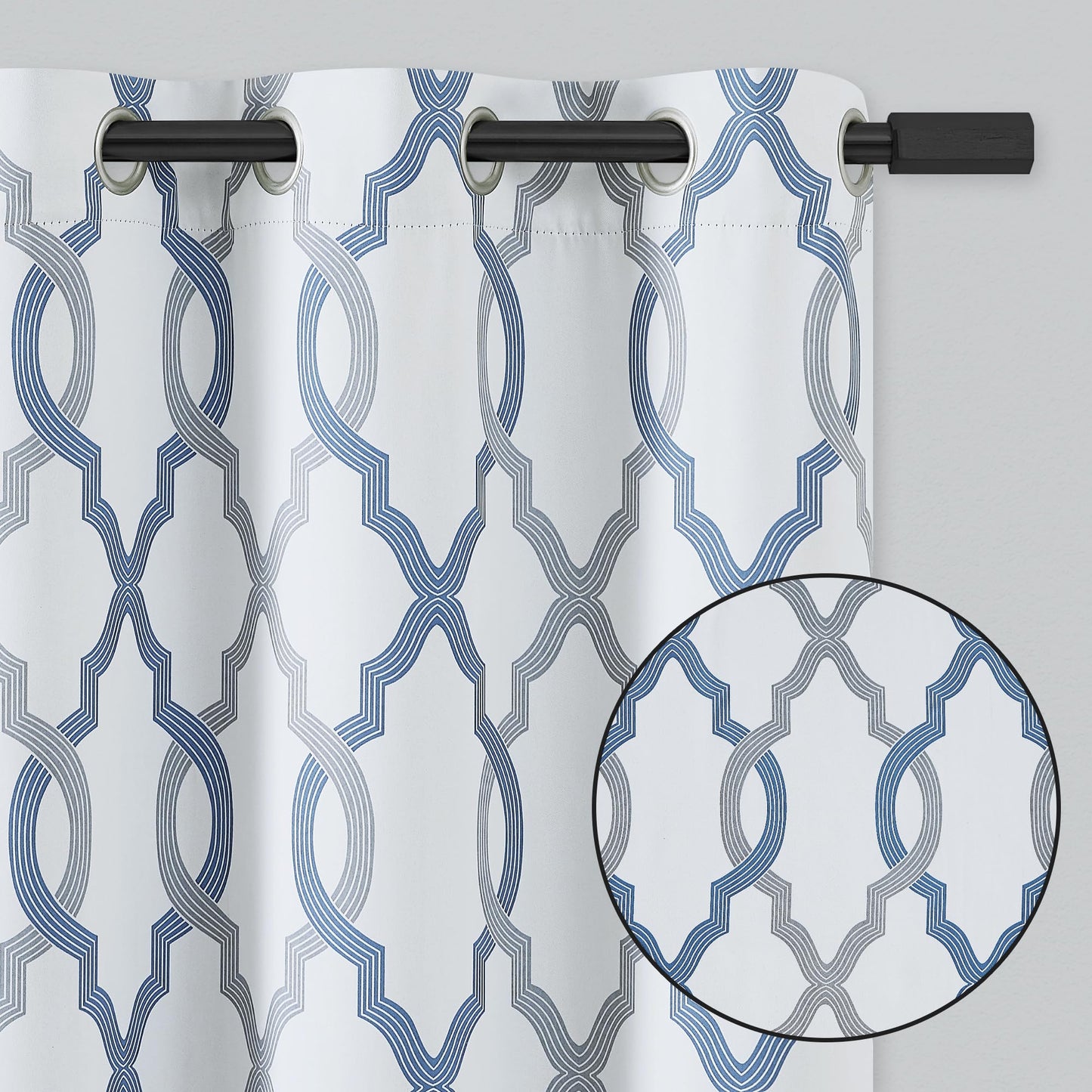 ugoutry 100% Blackout Curtains 63 Inches Long for Bedroom, Blue Grey on White Moroccan Geometric Patterned Window Curtain for Living Room, Farmhouse Thermal Insulated Drapes Grommet Top 2 Panels