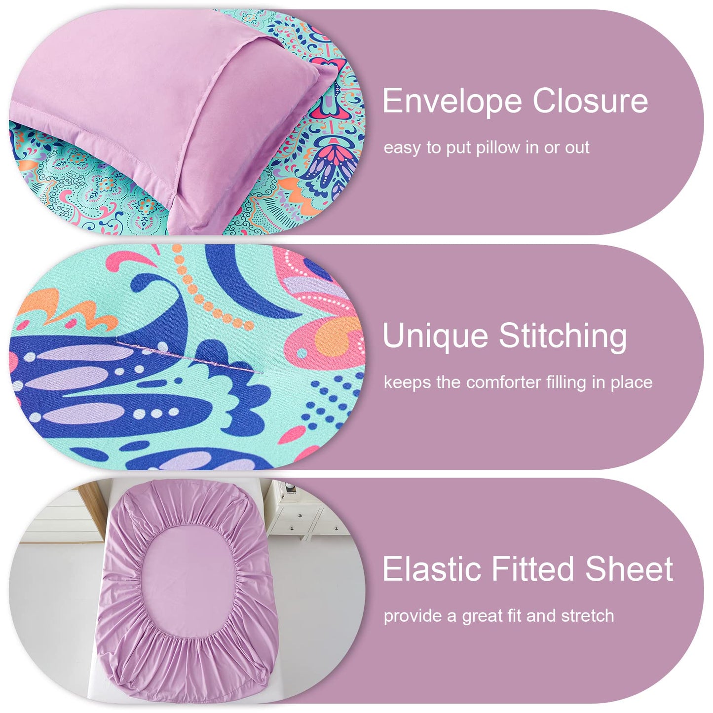DHSFKBE Queen Comforter Set, 7 Piece Bed in a Bag, Boho Aqua and Lilac Damask Medallion Print Comforter with Sheets, Soft Microfiber Complete Bedding Set for All Season (Aqua, Queen)