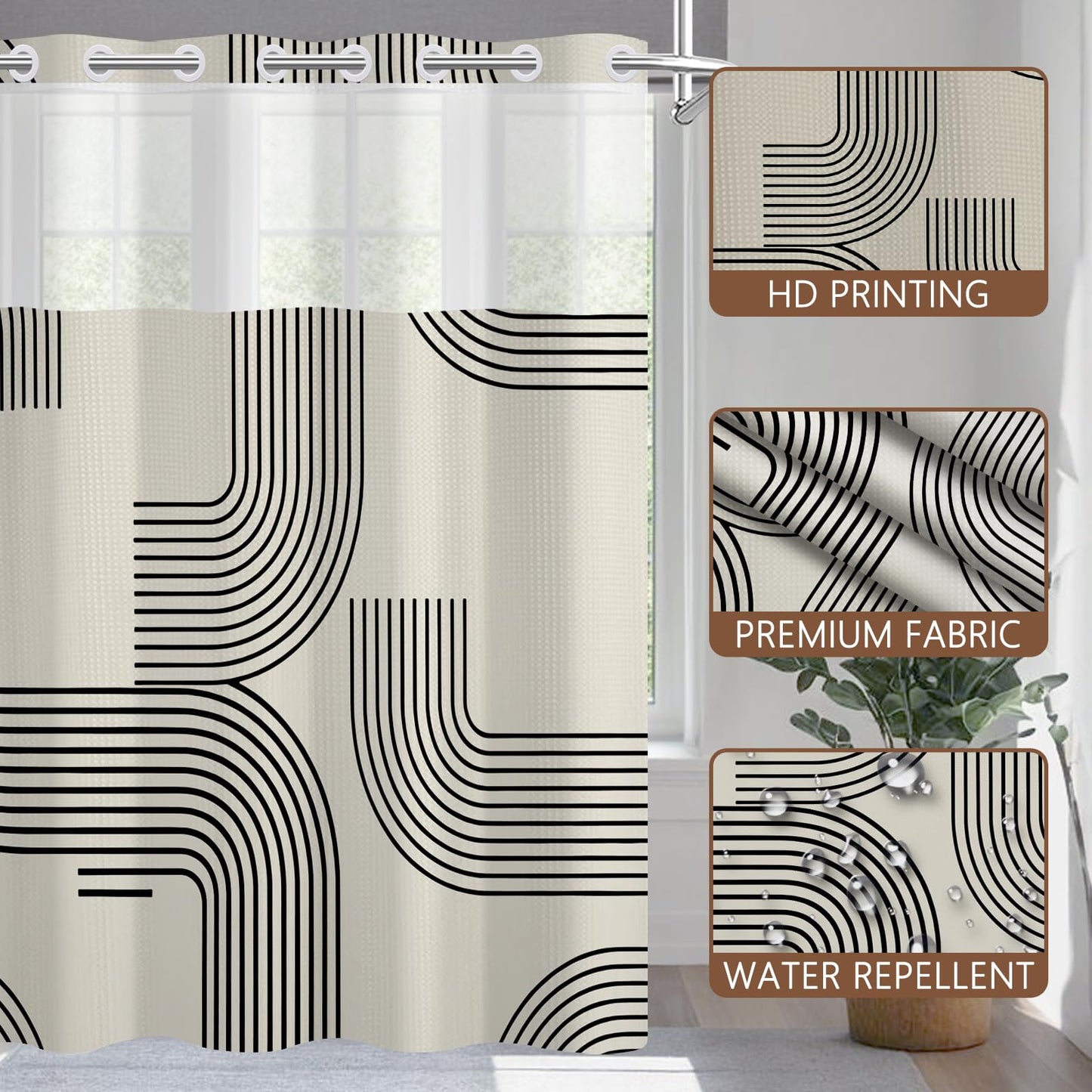 NAEMBCU No Hook Waffle Shower Curtain with Snap in Liner 71x74 Inch