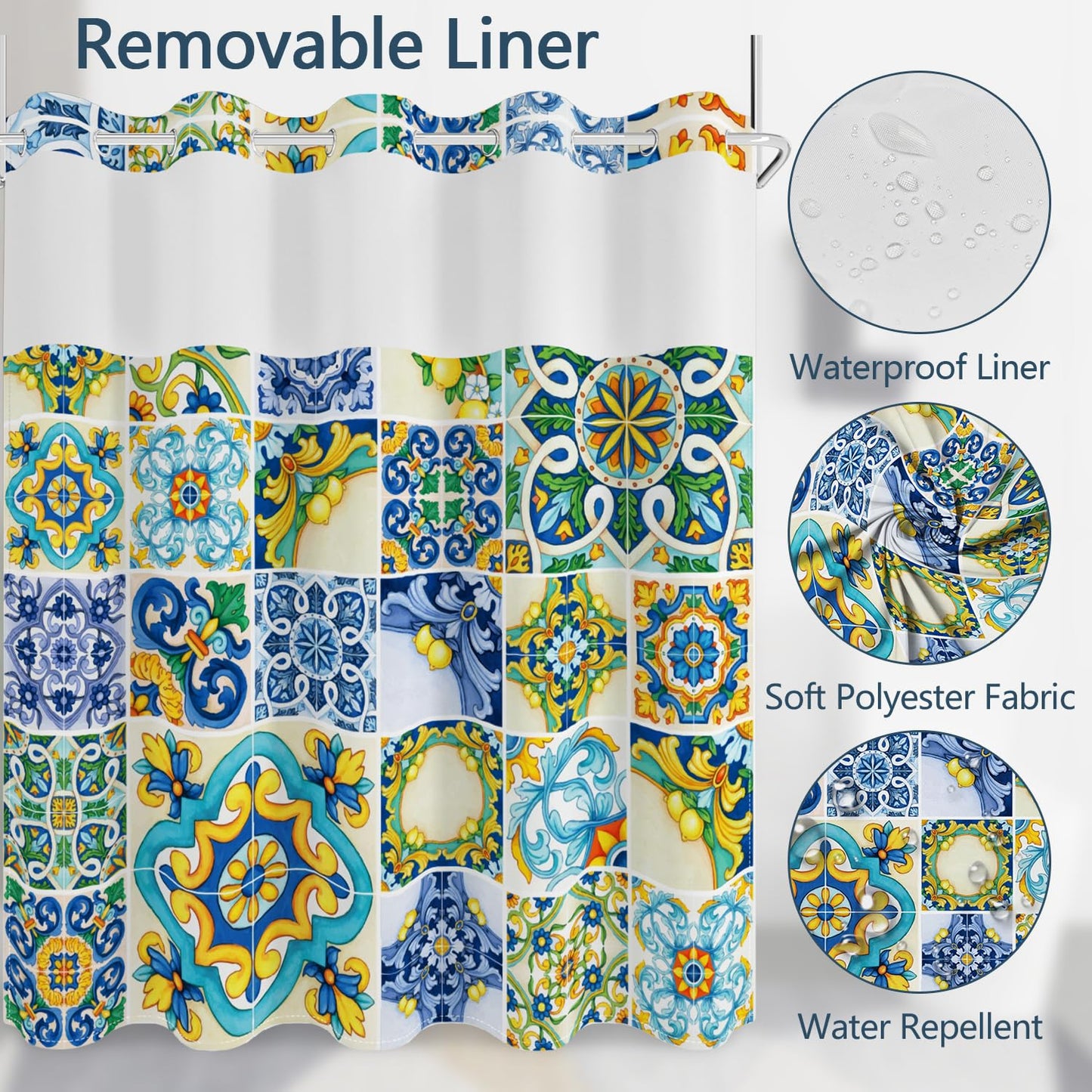 No Hook Shower Curtain with Snap in Fabric Liner Set, Waterproof & Washable, Boho Mediterranean Blue Yellow Lemon Floral Shower Curtains for Bathroom, Colorful Bathroom Curtain, House Gift, 71x74 inch