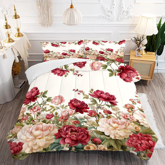 DJNEAR Peony Floral Comforter Set Twin Size Vintage Red Pink Peony Watercolor Bedding for Kids Girls Women Bedroom Romantic Elegant Flower Quilt Decor 1 Comforter 1 Pillowcase
