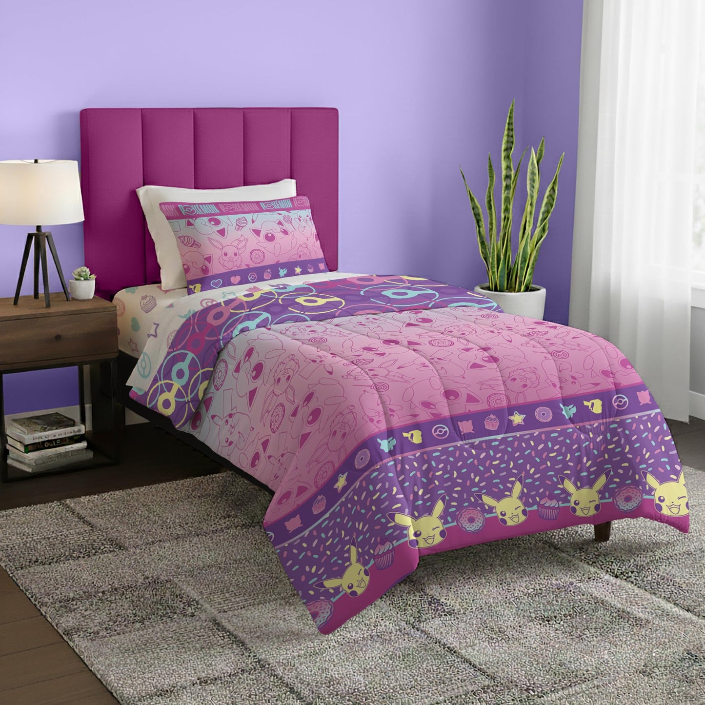 Northwest Pokemon Light and Sweet Twin Size Bed in a Bag Set, Pikachu Eevee Jigglypuff, Kids Boys Girls Bedding Comforter Sheets