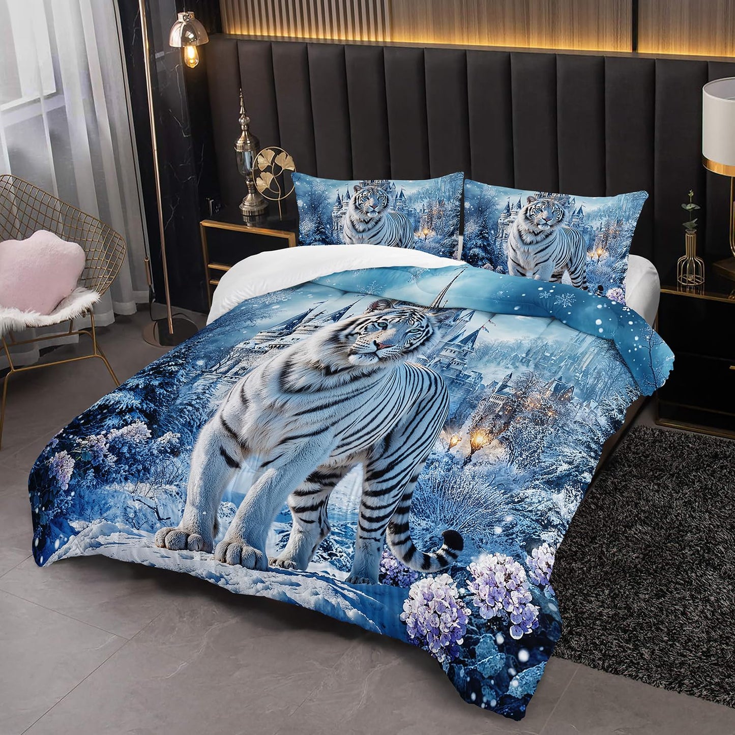 White Tiger Wild Animal Comforter 3Pcs Twin Safari Hunt Flower Bedding Set