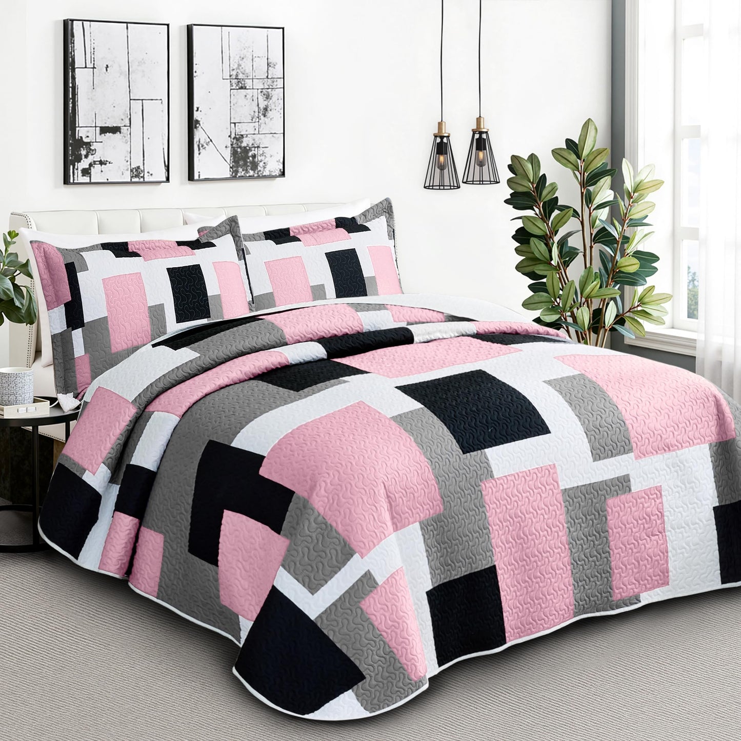 Tyrot 3 Piece Pink Grey Quilt Set Full/Queen Size Pink Gray White Geometric Reversible Bedding Set Microfiber Lightweight Bedspread Coverlet with 2 Shams Modern Bed Cover for All Season, 90''x96''