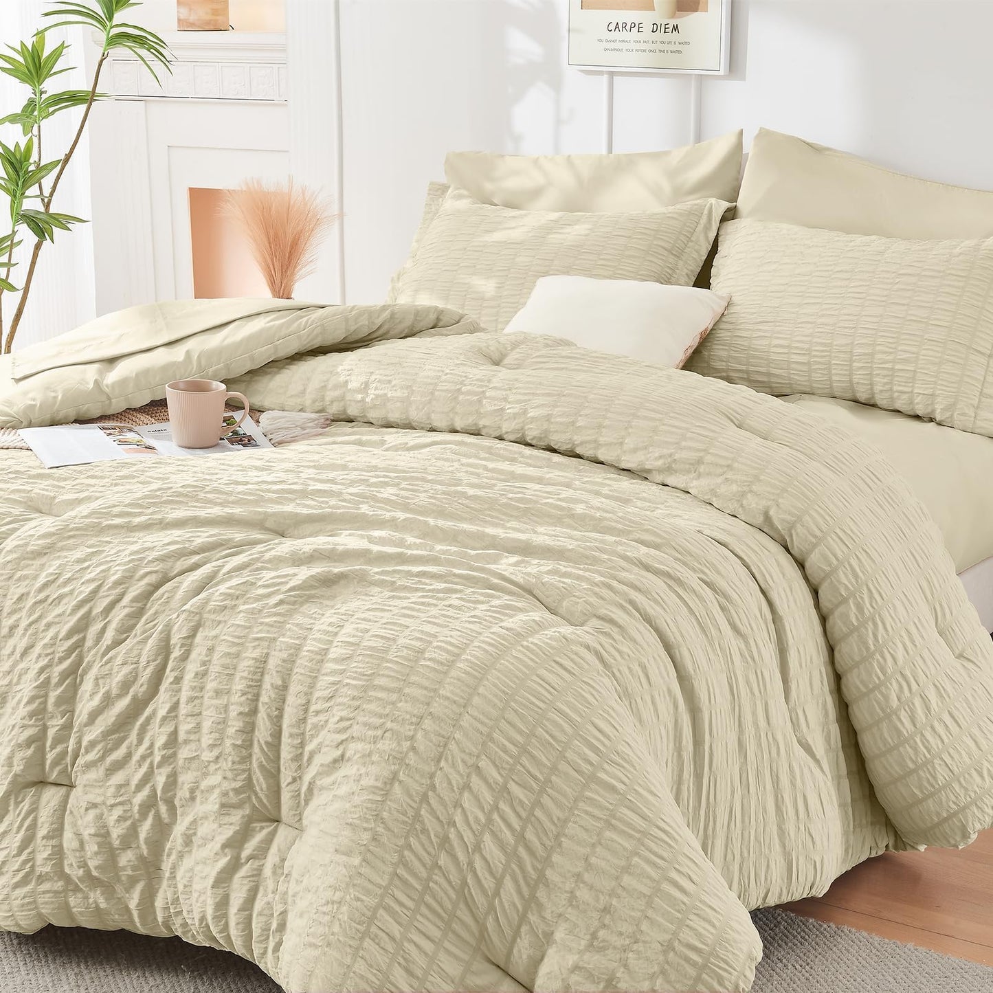 HYMOKEGE Oatmeal Twin Comforter Set Seersucker 5 Pieces, All Season Luxury Bed in a Bag for Bedroom, Bedding Set with Comforter, Sheets, Pillowcase & Sham