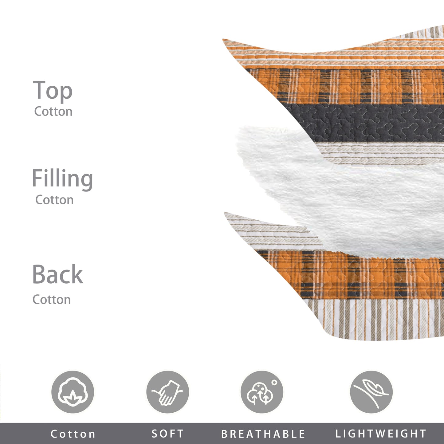 Homzard 100% Cotton King Size QuiltSet,Lightweight Striped Plaid Orange Black Quilts Bedspread Set,Farmhouse Neutral Bedding Comforter Set 3 Pieces Bed Set King