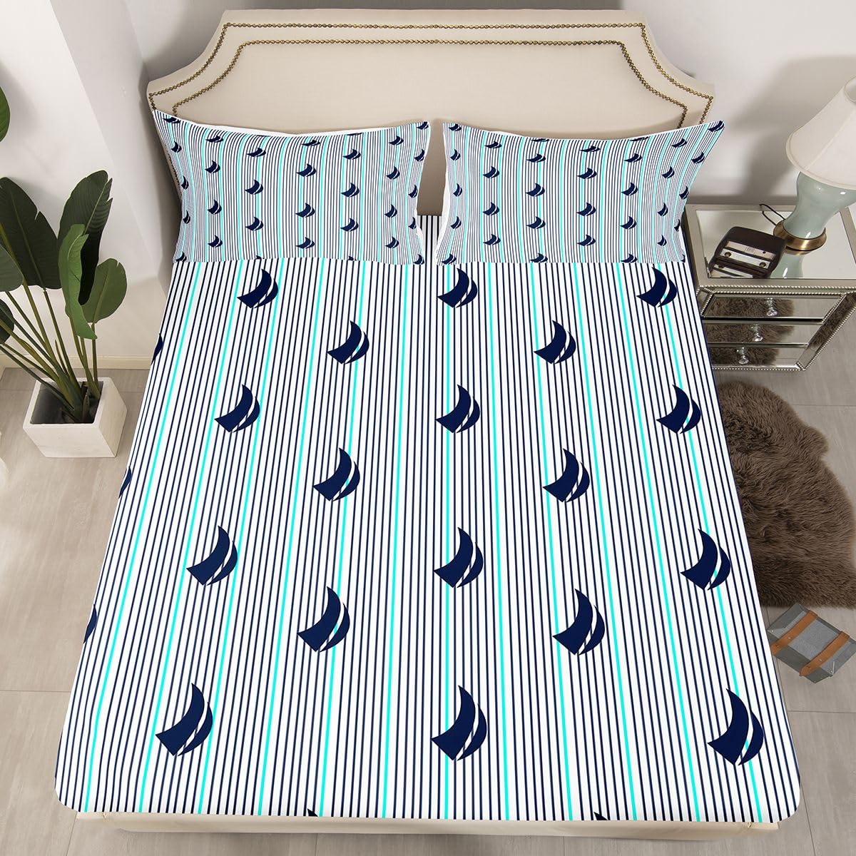 Feelyou Natural Bed Sheets Set Full Size Southern Tide Sheet Set for Kids Boys Girls Decor Coastal Sheets with Deep Pocket Fitted Sheet Boat Strip Lines Grey Bedding Set Bedroom