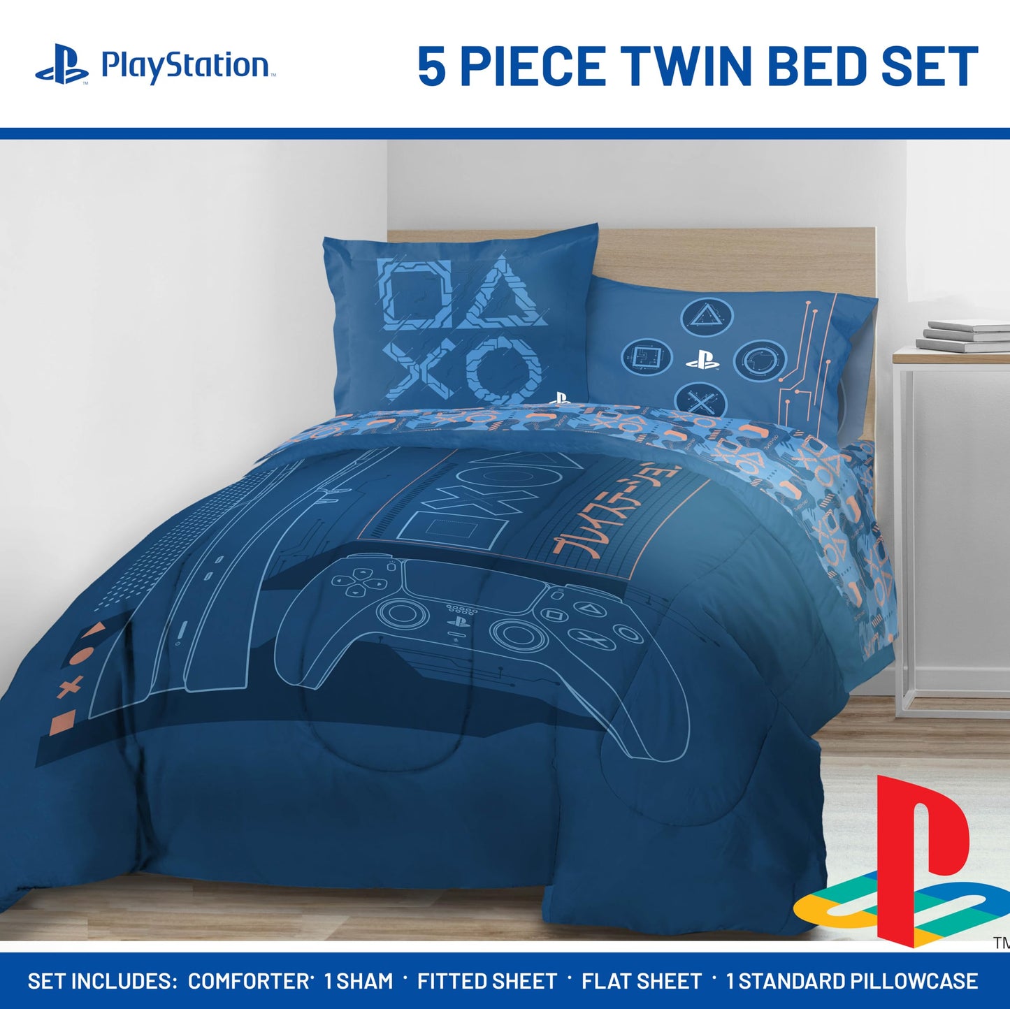 Jay Franco Kids Bed Set, Blue, PlayStation, 5 Piece Twin
