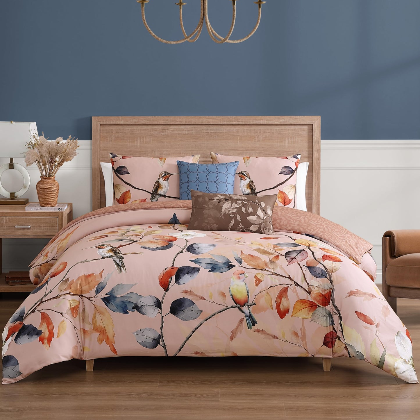 Bebejan Peachy Dogwood 5 Piece Comforter Set, 100% Cotton Sateen, 220 Thread Count, Pink Reversible Bedding Comforter Set, 1 Comforter, 2 Shams & 2 Pillows (King/Cal King)