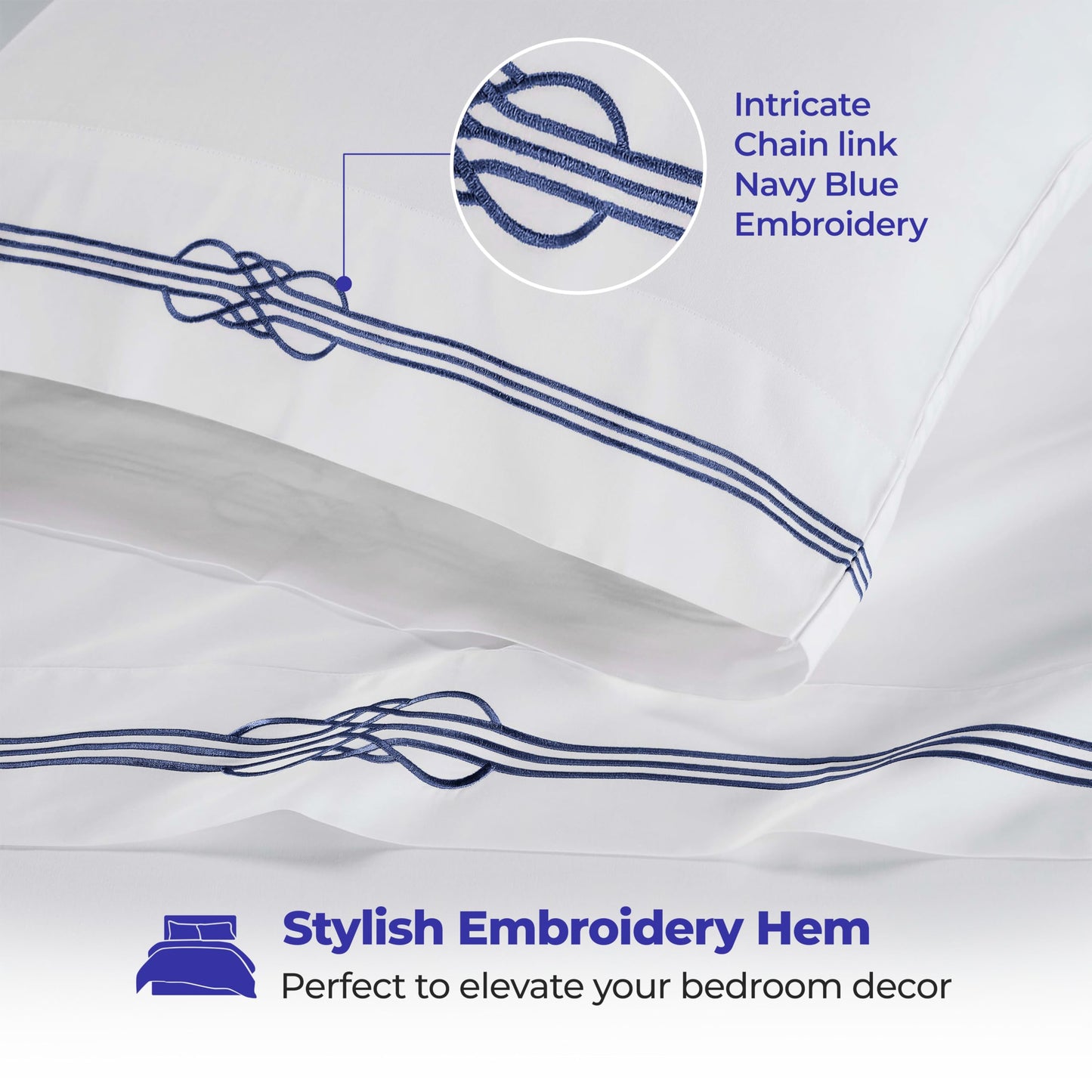 Superior Embroidered Cotton Bed Sheet Set, 1 Elastic Deep Pocket Fitted Sheet, 1 Flat Sheet, 2 Pillowcases, Daily Soft Sheets, Luxury, Elegant Design, Moonlawn Collection, Queen Size, White/Navy Blue