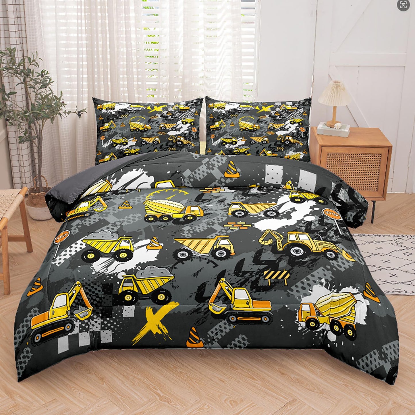 Peopleareok Construction Truck Kids Comforter Set for Boys Twin (68x86 Inch), 2 Pieces Construction Excavator Truck Bedding Sets for Toddler Children, Super Soft Microfiber Comforter with 1 Pillowcase