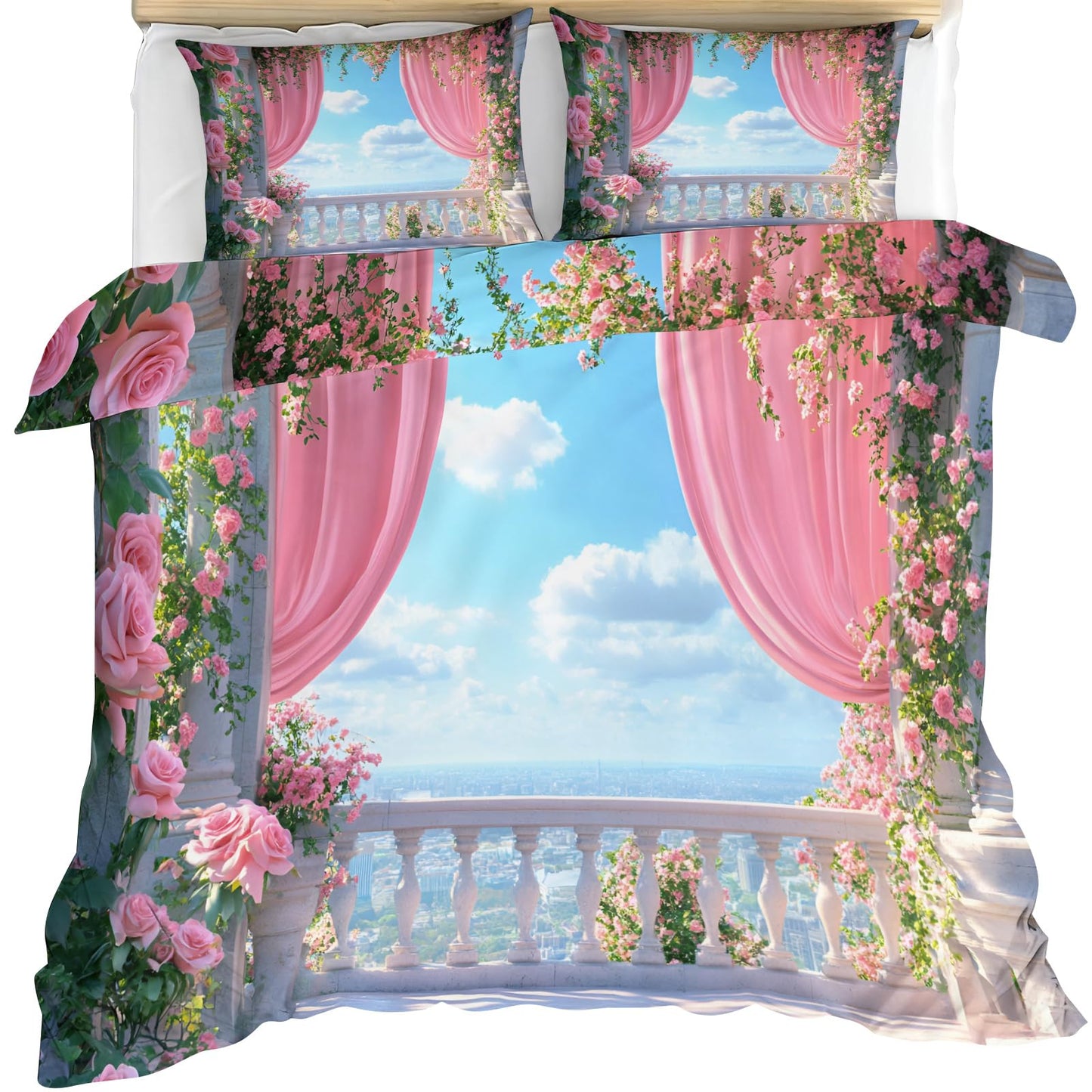 GKPLY Pink Rose Comforters Queen Size, Romantic Floral Bedding Duvet Cover, Elegant Garden Duvet Cover with 2 Pillowcases, 3 Pieces, Reversible Dreamy Balcony Bedding with Zipper