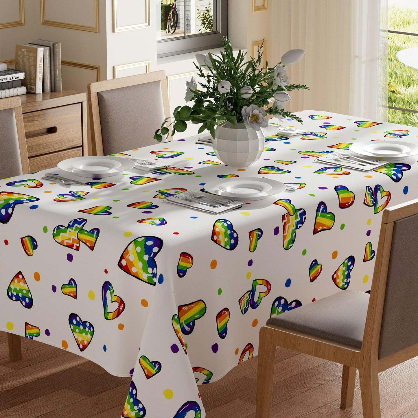XCHI Rainbow Love Heart Dots LGBTQ Tablecloth Rectangle Pride Day Inclusion Gay Transgender Queer Equality for Indoor Outdoor Dining Home Party Decorations 60x84 Inch