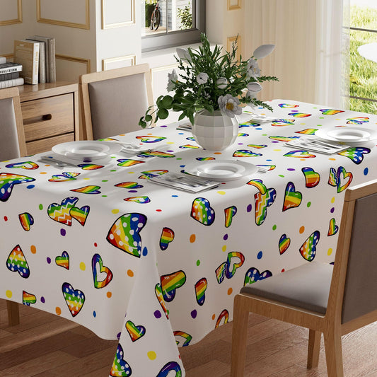 XCHI Rainbow Love Heart Dots LGBTQ Tablecloth Rectangle Pride Day Inclusion Gay Transgender Queer Equality for Indoor Outdoor Dining Home Party Decorations 60x84 Inch
