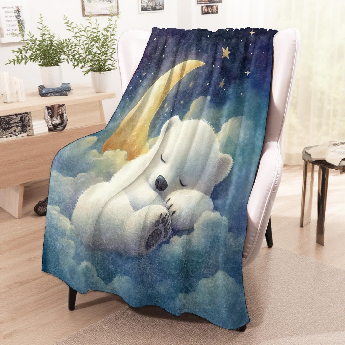 wyxdwh Cute Polar Bear Blanket, Cozy Flannel Bears Sleeping on Clouds with Moon Throw for Couch Outdoor, Plush Soft Lightweight Travel Blankets for Bed Decor and Gifts, for Women Adults Kids 50"x60"