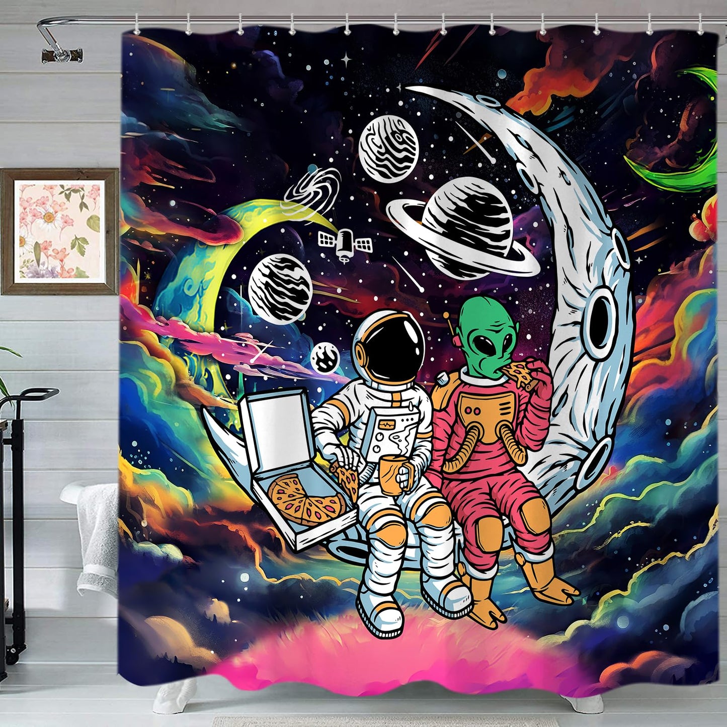 Sanzugh Funny Trippy Space Shower Curtain Astronaut Alien Curtains for Kids Men Boys Guys Bathroom, Cool Alien Planet Galaxy Fabric Shower Curtains Set Decoration with Hooks 72 X 72 inch Bath Decor