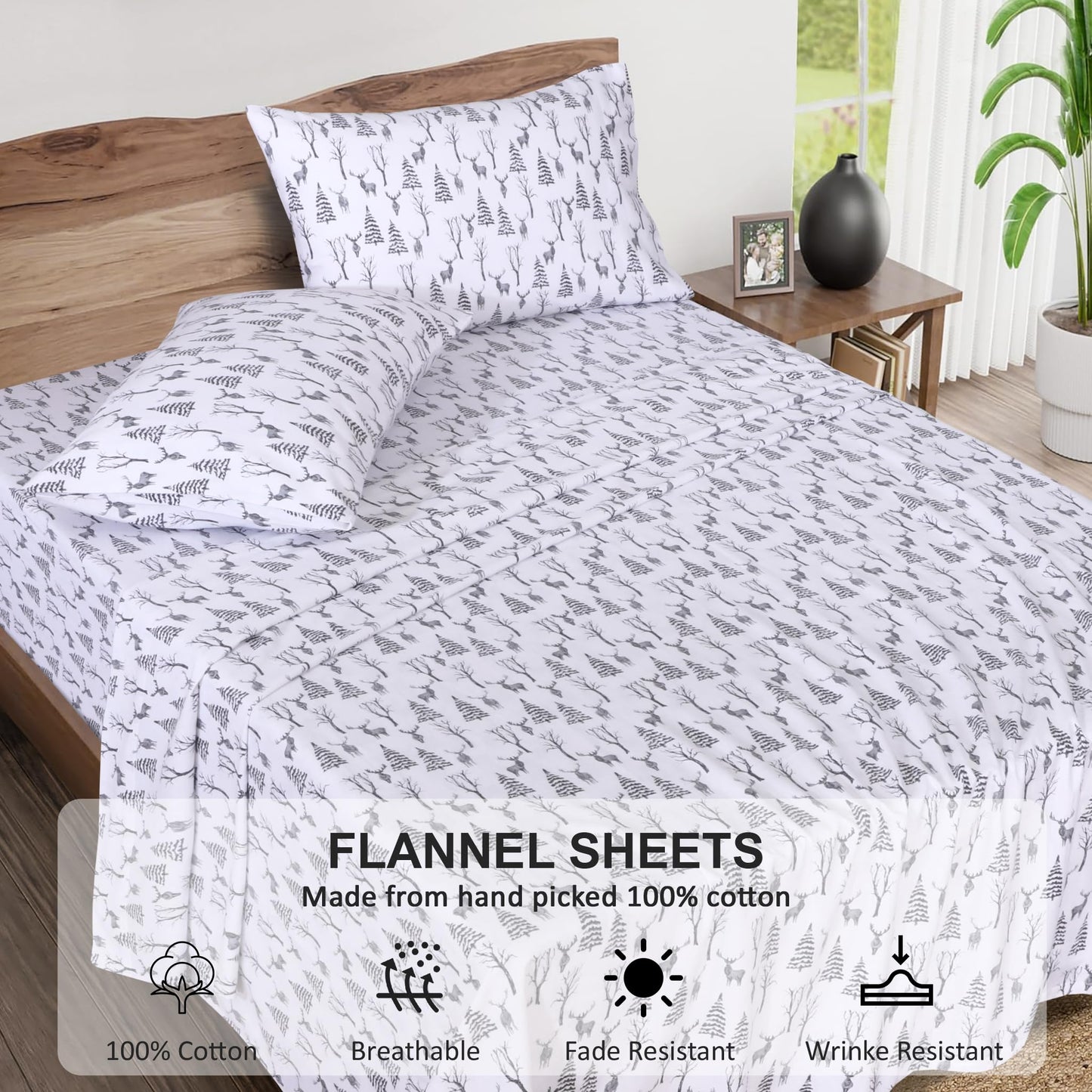 RUVANTI Flannel Sheets Queen Size - 100% Cotton Double Brushed Bed Sheets, Deep Pockets 16 Inches Queen Sheet Set, All Seasons Breathable & Extra Soft - Warm & Cozy, 4 Piece, Dry Winter