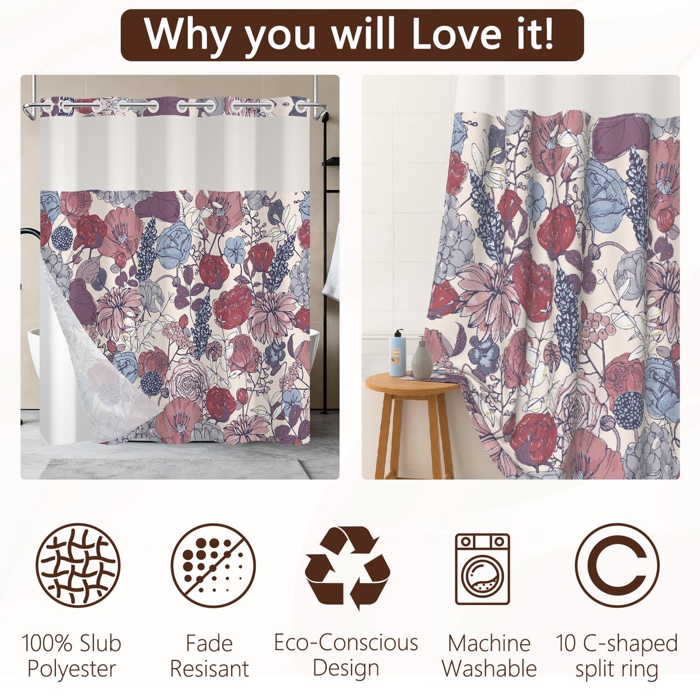 NAEMBCU No Hook Shower Curtain with Snap-in Liner 71x74 Inch