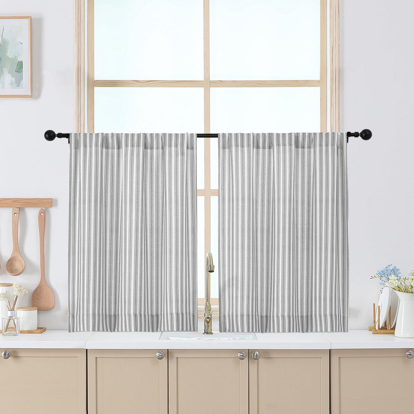 Chyhomenyc Striped Boho Curtains 24 Inch Length - Light Filtering Faux Linen Half Window Cafe Curtains, Farmhouse Short Curtain Tiers for Bathroom RV Camper, 30Wx24L, 2 Pieces, Grey