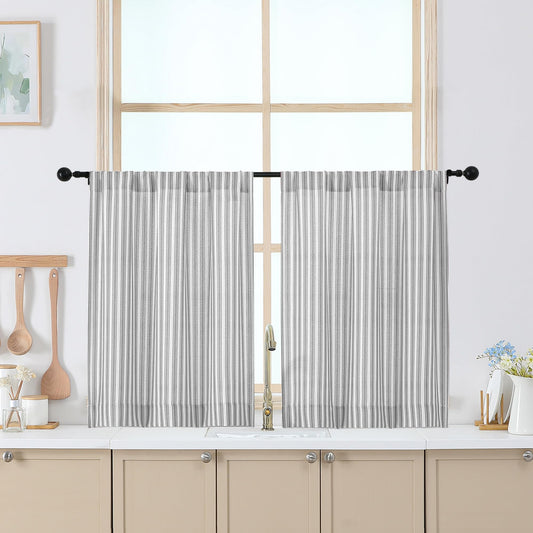 Chyhomenyc Striped Boho Curtains 24 Inch Length - Light Filtering Faux Linen Half Window Cafe Curtains, Farmhouse Short Curtain Tiers for Bathroom RV Camper, 30Wx24L, 2 Pieces, Grey