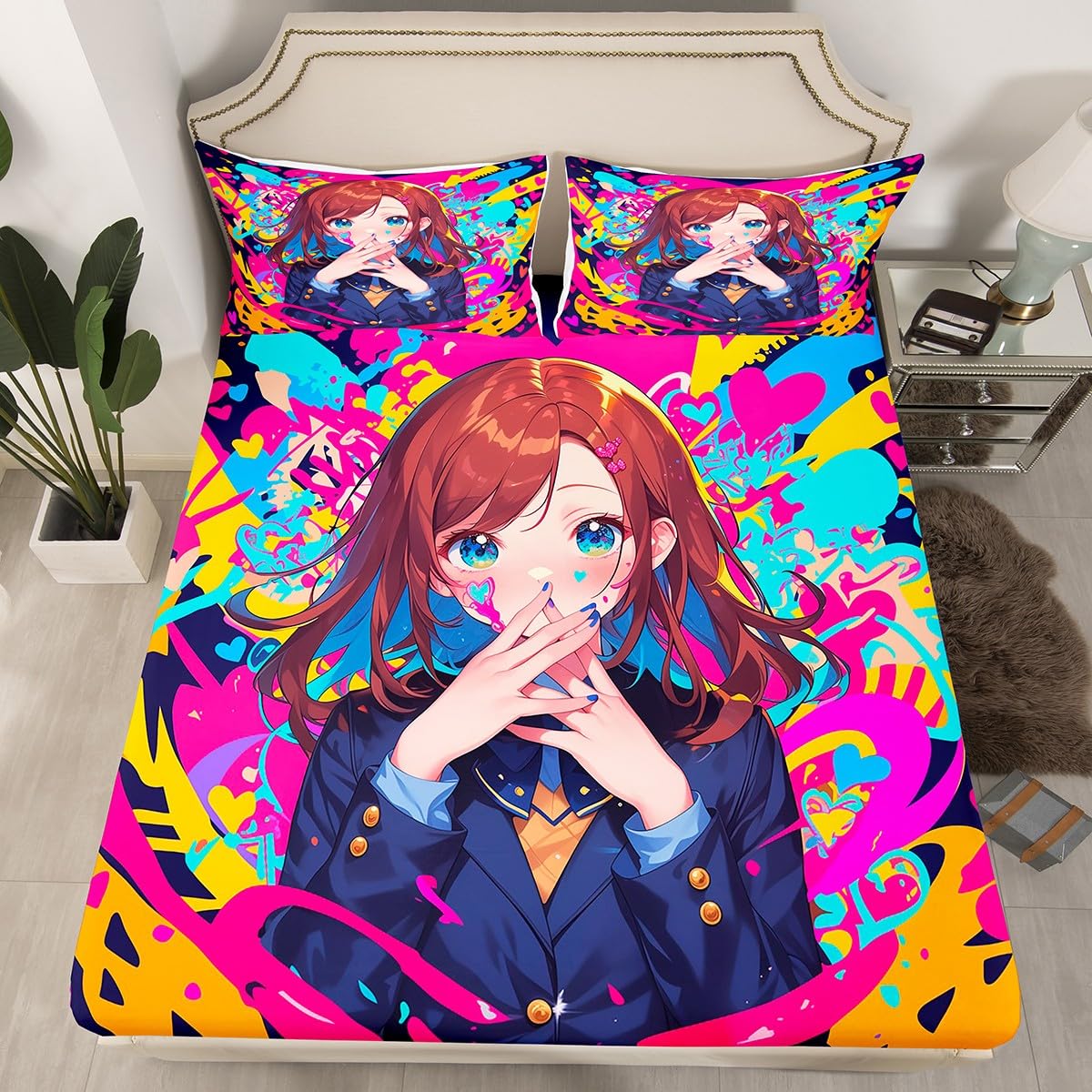 Erosebridal Anime Girl Twin Bed Sheets, Japanese Anime Bedding Set 2 Piece for Kids Girls Teens Adult Bedroom Decor, Cartoon Girl Fitted Sheet Kawaii Japanese Animation Sheets
