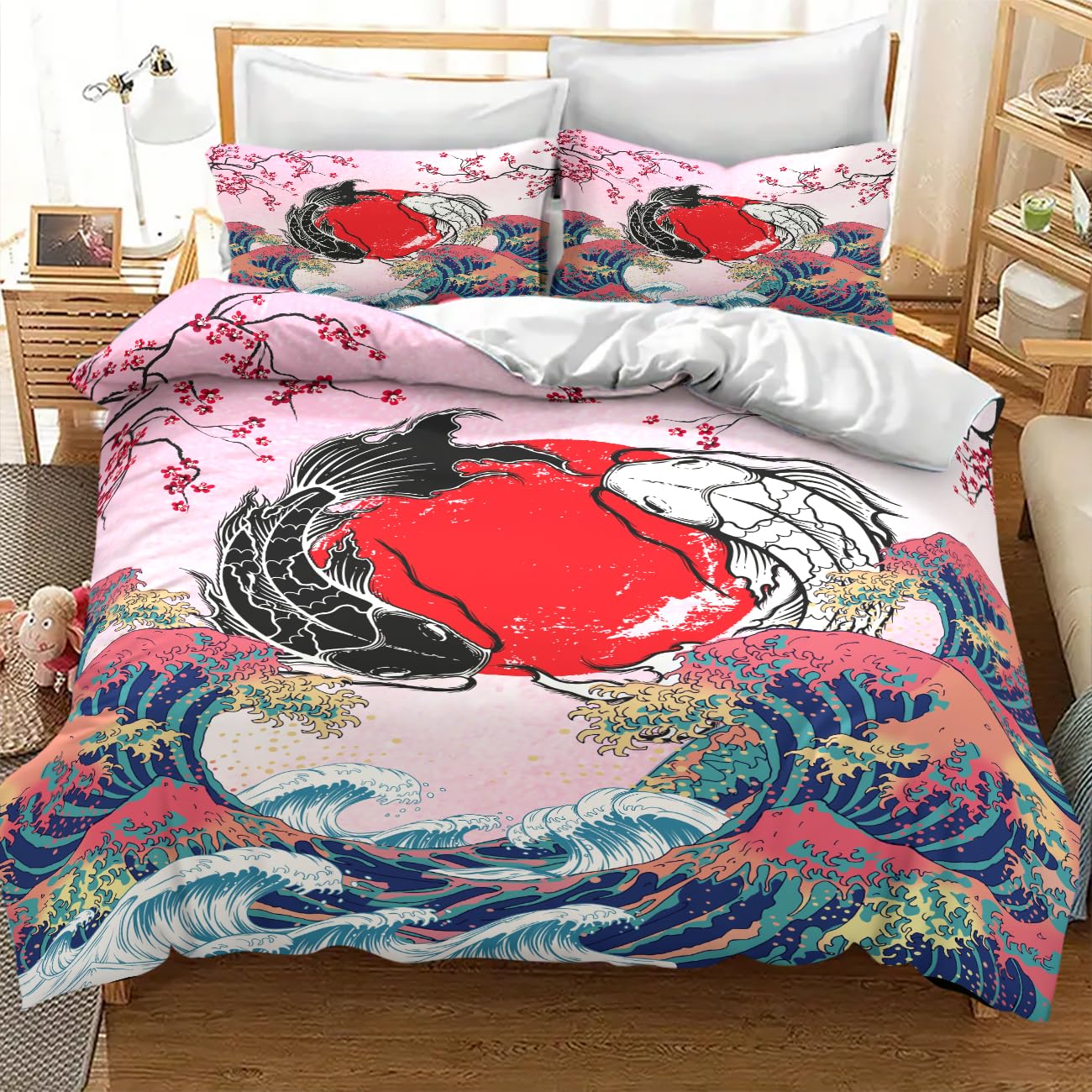 Lnepty Japanese Koi Fish Bedding Set,Asian Style Pink Cherry Blossom Big Wave Yin Yang Black White Koi Retro Landscape Comforter Set with Pillowcase for Bedroom Bed Decor,Twin 86"x70"