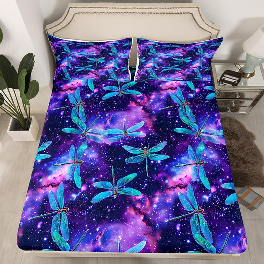 Feelyou Dragonfly Fitted Sheet s Animal Pattern Bedding Set for Boys Girls Children Purple Blue Galaxy Bed Sheet Set Ornamental Dragonfly Printed Room Decor Twin Size 2Pcs