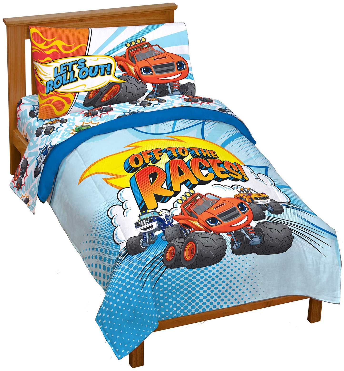 Jay Franco Blaze and the Monster Machines Off to The Races 4 Piece Toddler Size Bed Set – Super Soft Microfiber Bed Set Includes Size Comforter & Sheet Set (Official Blaze Product)