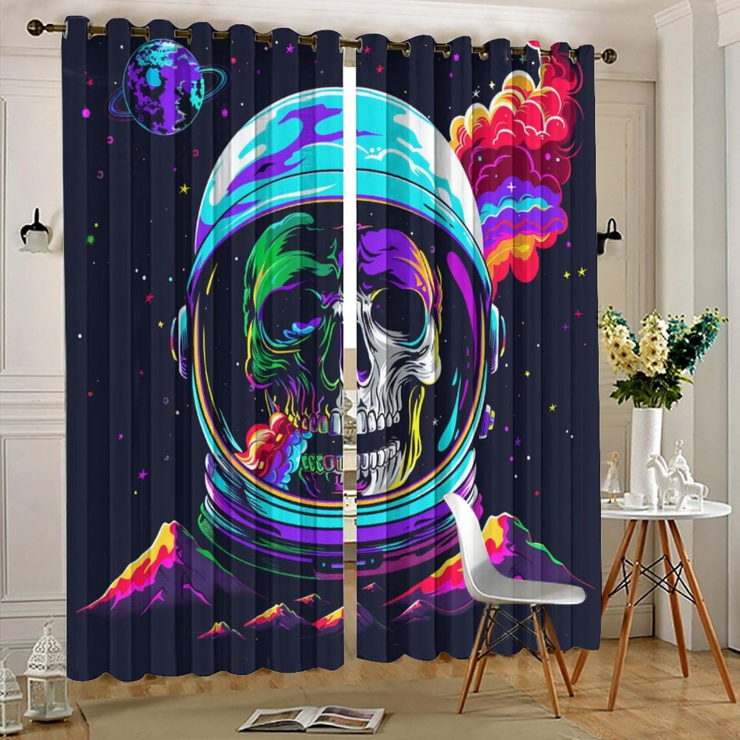 HDESDIS Abstract Gothic Skeleton Curtains for Bedroom, Skull Space Star Astronaut Grommet Blackout Curtains Thermal Insulated Window Drapes for Living Room, 21W x 45L, 2 Panels