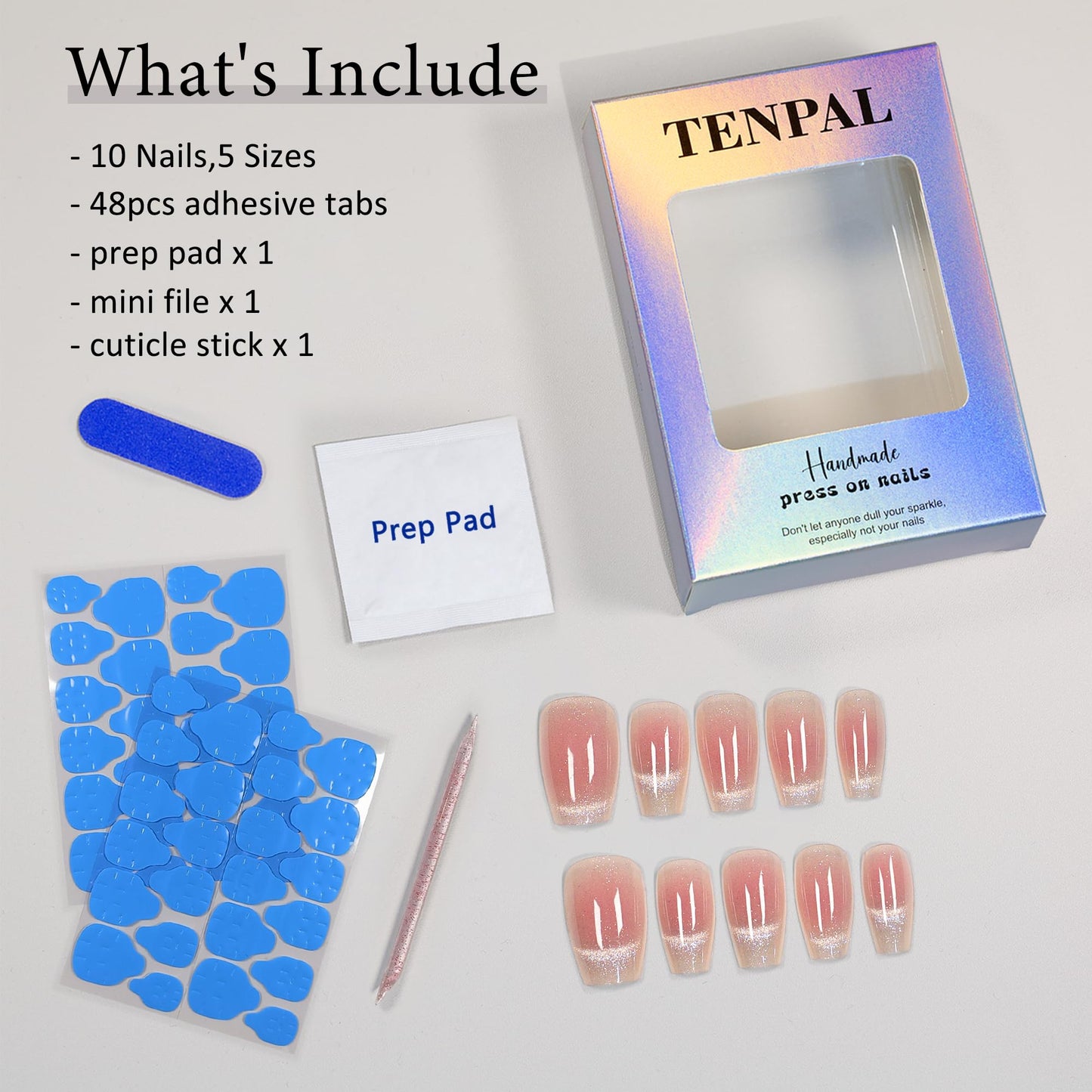 TENPAL Handmade Press on Nails Medium,Peach Pink Cat Eye Coffin Nails, Removable Acrylic Spring Summer Pink Fake Nails With Tools,Sweet Sassy Minimalist Gel Effect Glue on Nails for Women Girls(XS)