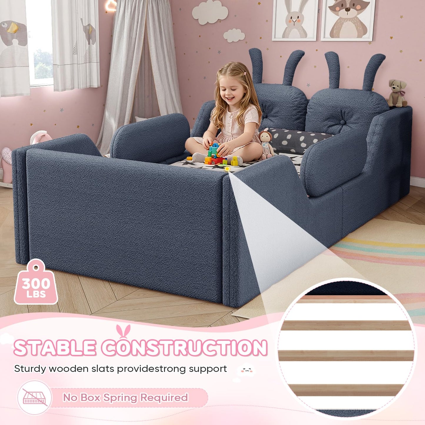 Duigonp Twin Size Kids Bed, Comfy Boucle Fabric Twin Daybed with Rabbit Cushions & Removable Side Rails, Upholstered Platform Bed, Cute Cozy Floor Bed for Girls, Boys, Teenager(Gray)