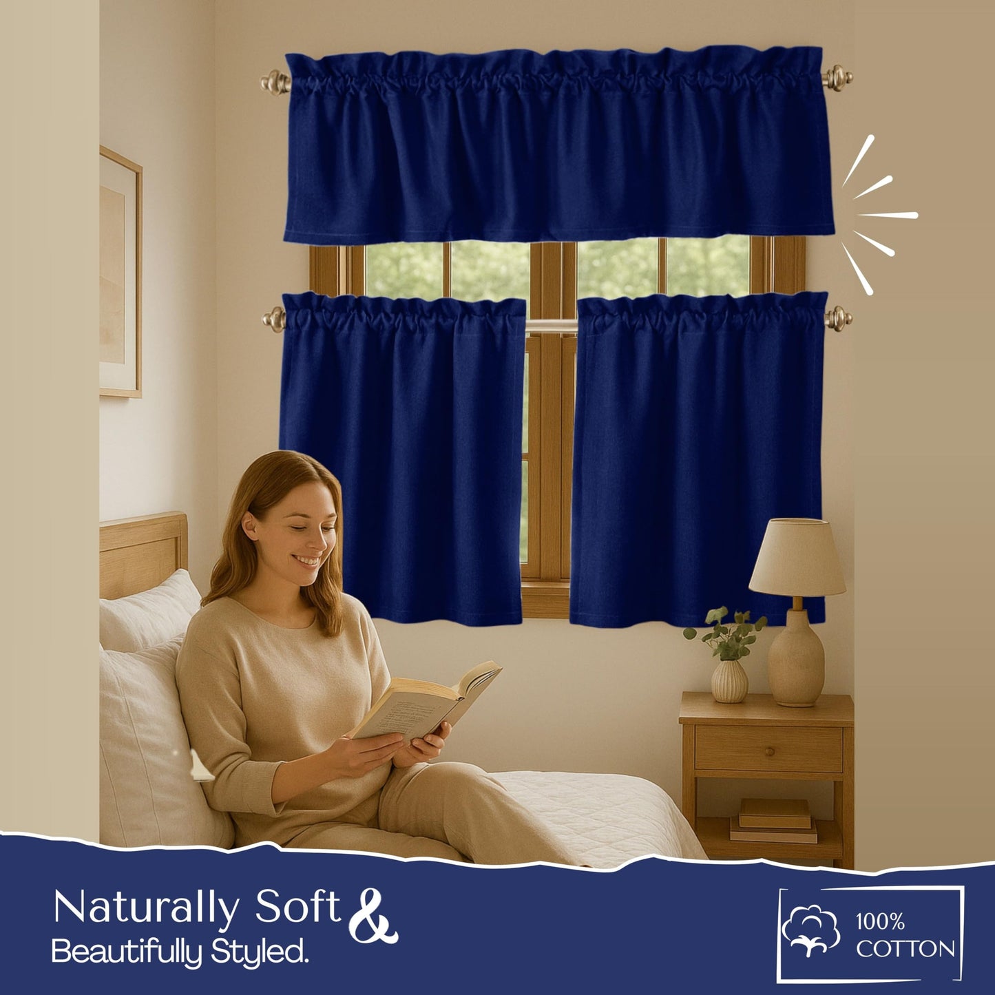 Native Fab 3 Piece Window Curtain Tiers 26"x36" and Valance 54"x18" Set - Rod Pocket - Semi Sheer - Short Curtain for Kitchen, Cafe, Living Room - Ink Blue