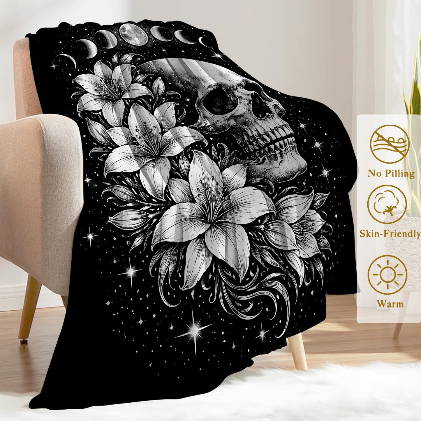 ainori Whimsical Skull Moon Phase Fleece Throw Blanket 50x60 Inch,Gothic Skeleton Floral Decorative Throws,Lightweight Blankets for Bedroom Dorm Meditation Room,Cozy Gifts for Teens Women Goth Lovers