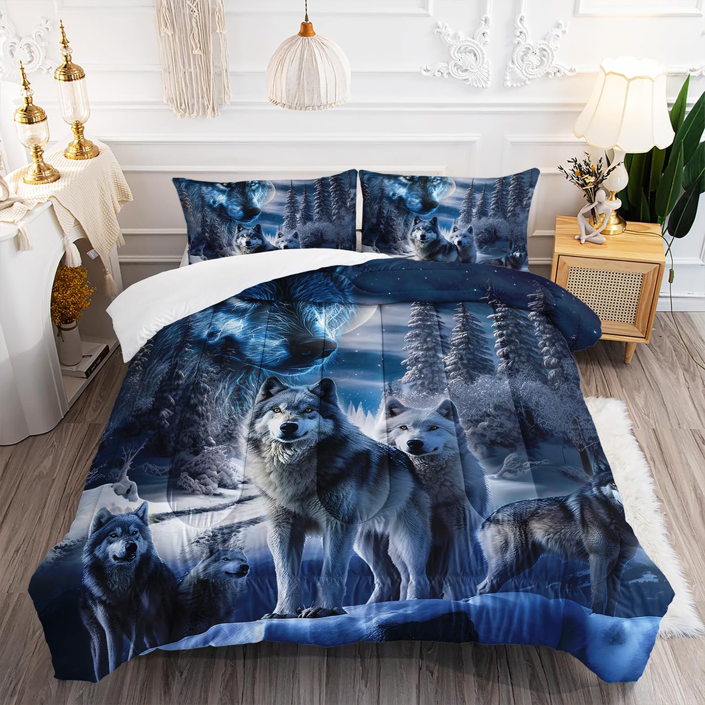 AILONEN Boys Bedding Set - Wolf Printed Comforter Set, Queen Size, 3Pcs Safari Wolves Duvet Set, 1 Quilt and 2 Pillowcases