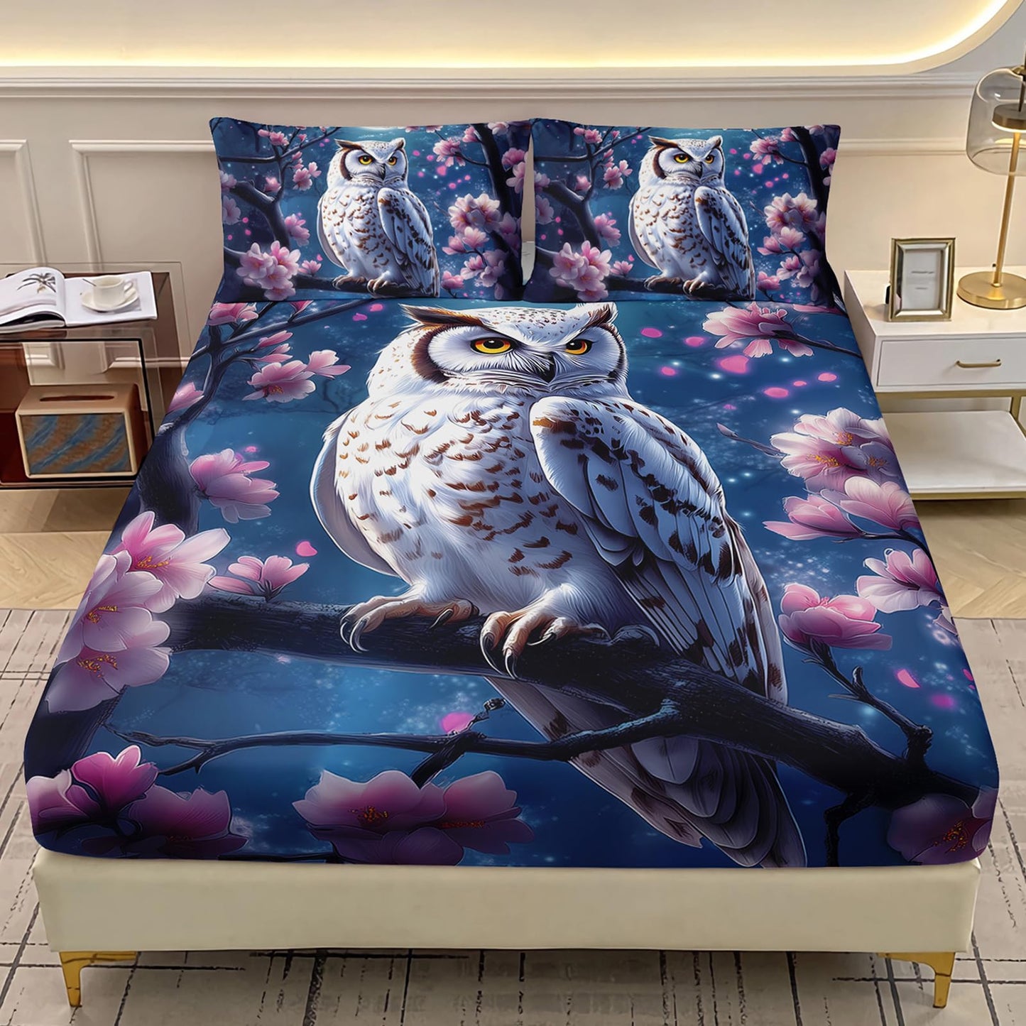AILONEN Owl Fitted Sheet Set Twin Size, 3Pcs Pink Flower Owl Pattern Bedding Set for Kids Girls Boys,Bird Animal Print Fitted Sheet with 2 Pillowcases