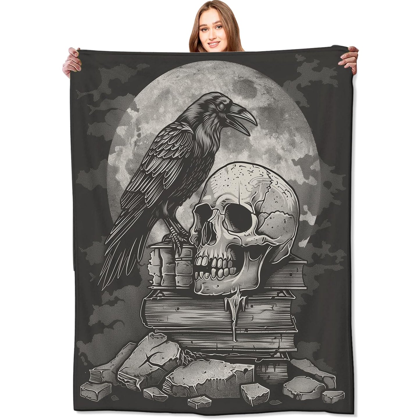 VODRM Gothic Skull Blanket,Goth Black Raven Spooky Throw Blankets,Gifts for Women Men, Lightweight Soft Fleece Cozy,for Sofa Couch Bed Room Travel,Festival Halloween Aesthetics Decor,50x60in