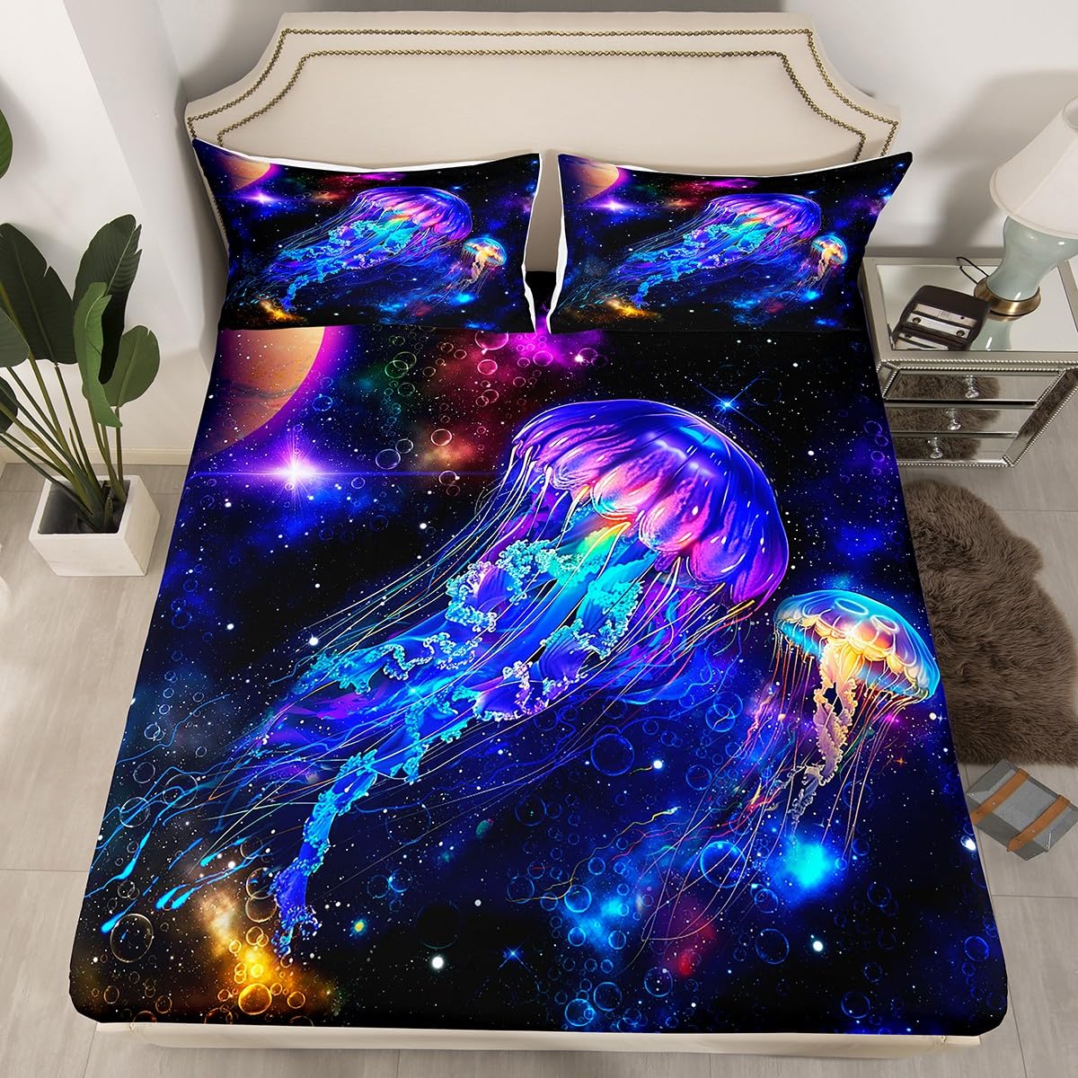 Castle Fairy Jellyfish Galaxy Bed Sheet Set Twin Size,Blue Nebula Spaceship Bedding Decor Set with 1 Flat&1 Fitted Sheet with 1 Pillow Shame,Universe Stars Planets Bedding Set for Kids Boys Xmas Gift
