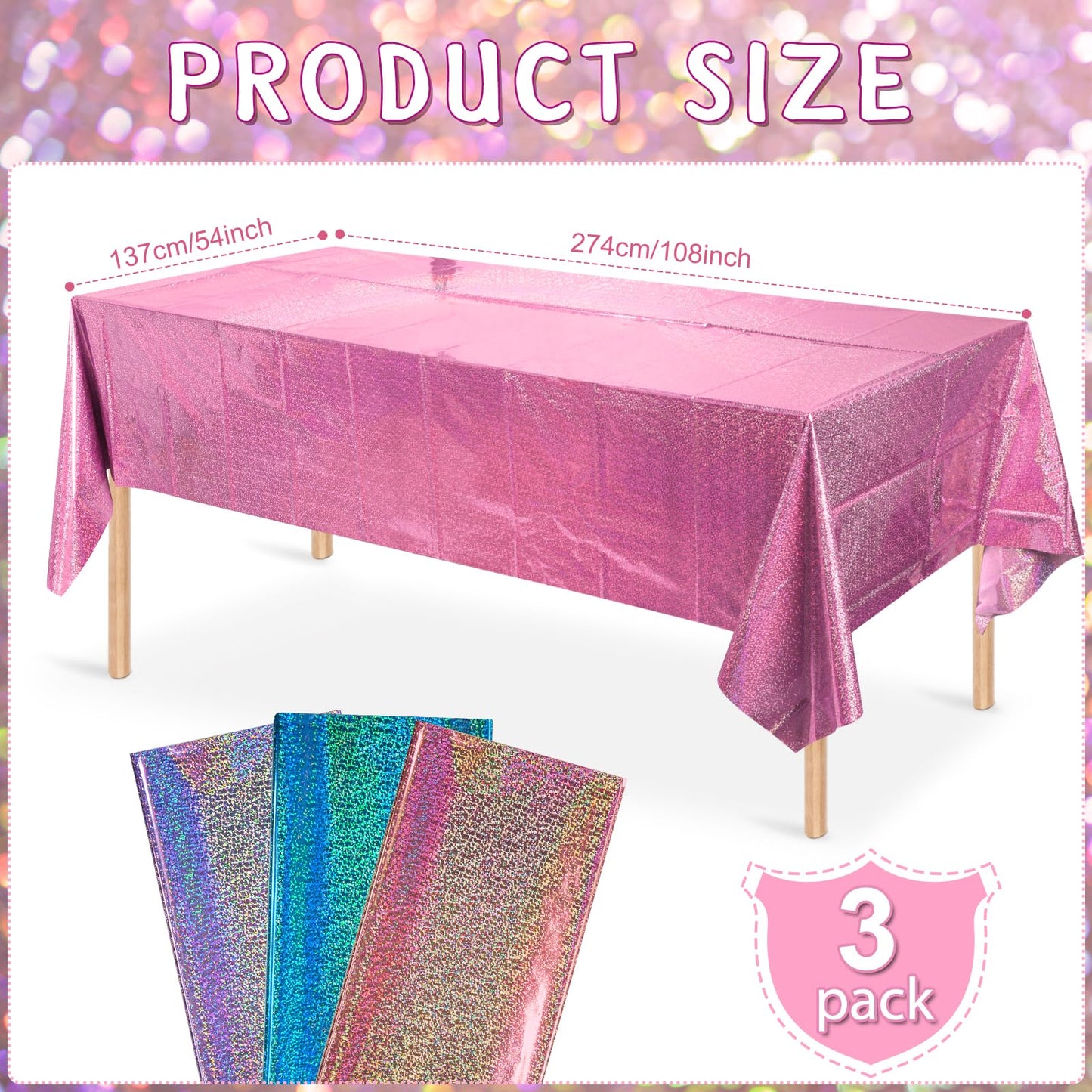 FunnyPars 3 Pack Iridescent Pink Purple and Blue Kpop Plastic Tablecloths, Disposable Rectangle Table Covers, Holographic Metallic Foil Tablecloth Party Decorations for Kpop Birthday, 54x108 Inch