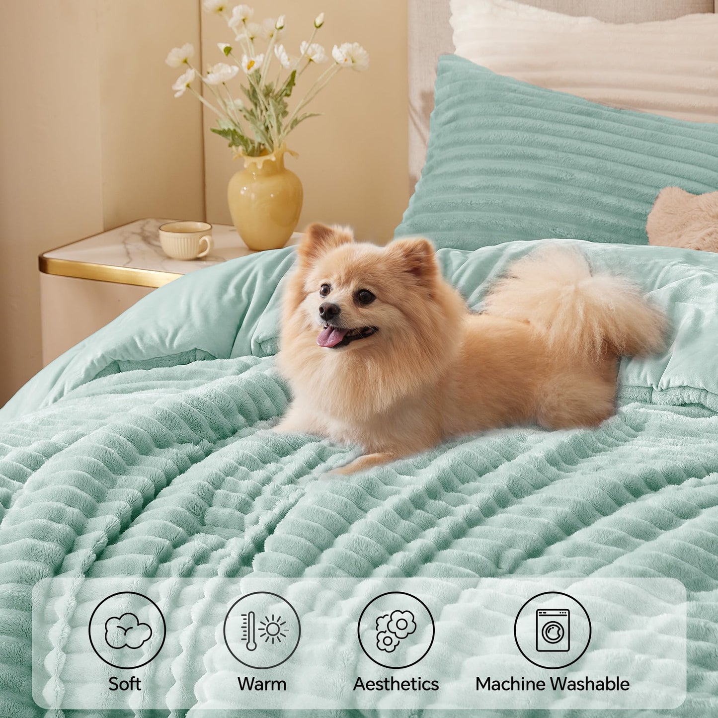 BEDELITE Fleece Queen Comforter Set -Super Soft & Warm Fluffy Light Green Bedding, Luxury Fuzzy Heavy Bed Set for All Season with 2 Pillow Cases