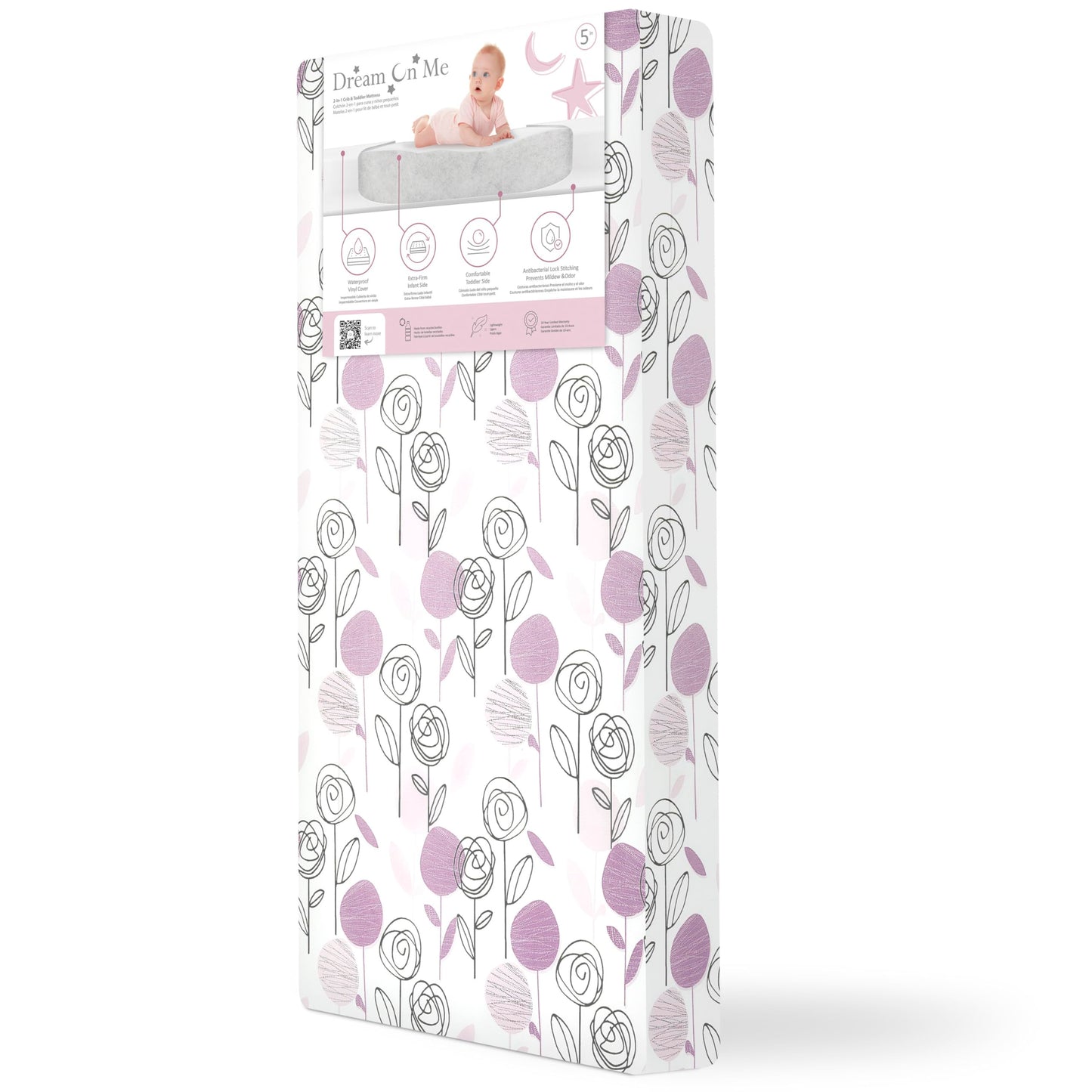 Dream On Me Floral Dreams 2-in-1 Crib Mattress, Dual-Sided for Infants & Toddlers, Waterproof Cover, GREENGUARD Gold Certified, Fits Full Size Crib & Toddler Bed, 52” x 28” x 5”