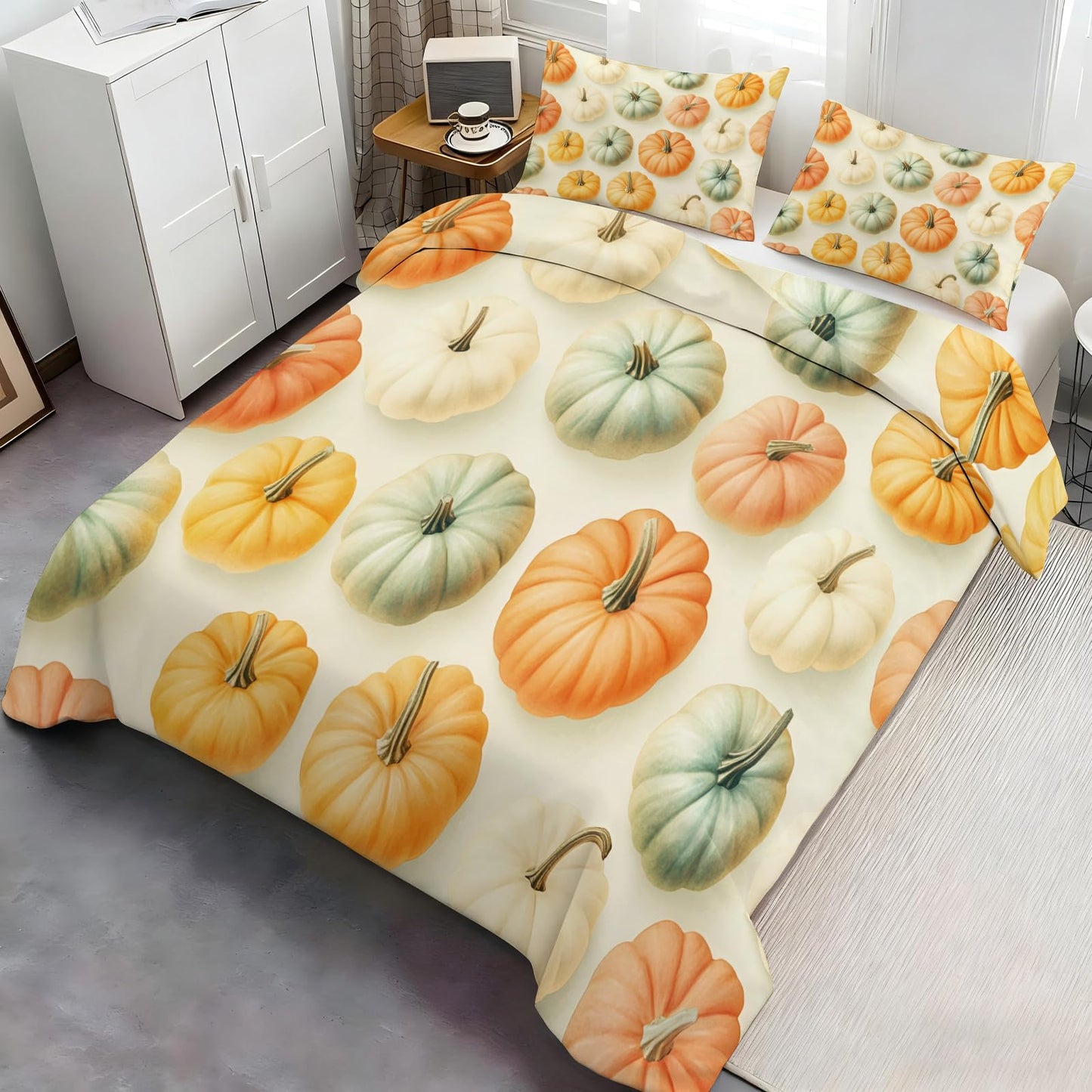PAISUOQ Pumpkin Bedding, Autumn Duvet Cover Full, Thanksgiving Comforter Cover with Zipper Ties, 3 Pieces with 2 Pillowcases, Home Decor & Gifts