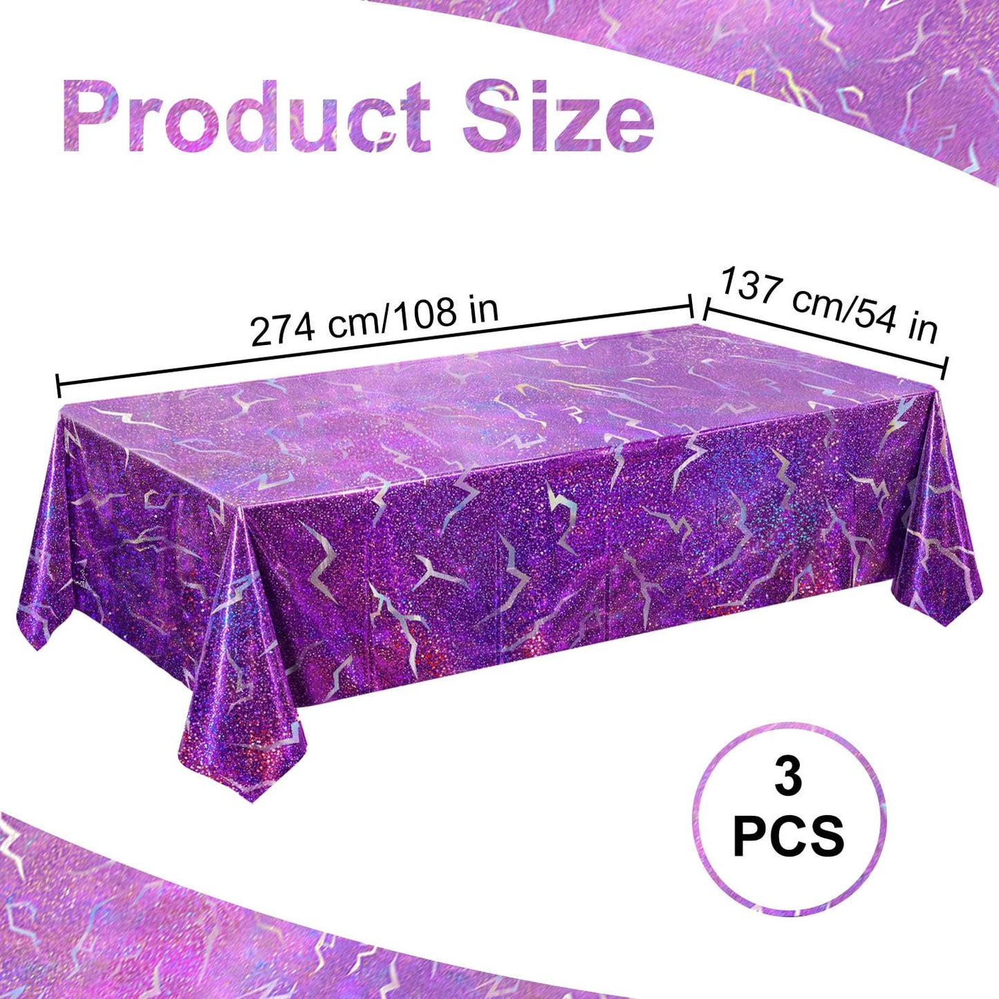 LHFYACI K-Style Birthday Decorations, 3 Pack Holographic Laser Purple Tablecloths, Shiny Lightning Disposable Table Covers for Birthday, Bridal Shower, Bachelorette, Disco Party, 54x108 Inch