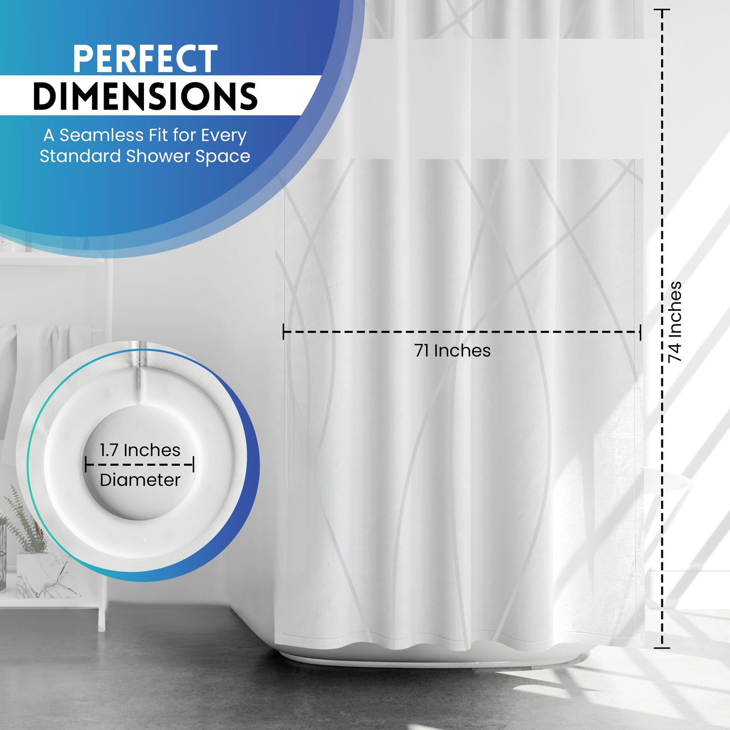 No Hook Shower Curtain with Snap in Liner - Fabric with Mesh Window - No Hook Shower Curtain and Liner Set - White Shower Curtain Liner for Bathroom - 71 x 74 inches