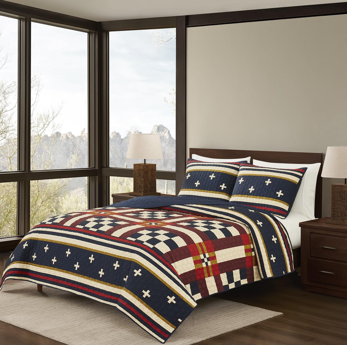 Pendleton Full/Queen Quilt Set – 100% Cotton 3 Piece Quilt Set with Shams, Soft Lightweight Bedding for Queen Size Bed, Blue & Tan Comforter Alternative, Queen Bedding Set (Scout Stripe)