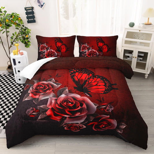 AILONEN Butterfly Comforter Set Queen Size, Red Rose Butterfly 3D Print Style Bedding Set for Teens Girls Women,Butterfly Art Pattern Soft Lightweight Duvet Set 3 Pieces(1 Comforter + 2 Pillowcases)