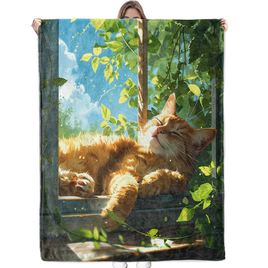 Bidesk Sunny Cat Blanket Cozy Soft Flannel Throw Blanket - Lightweight & Warm Cat Lounging in Sunlight Blankets for Couch, Bed, Travel, Fuzzy Outdoor Comfort Wrap, for Women Adults Kids 60"×50"